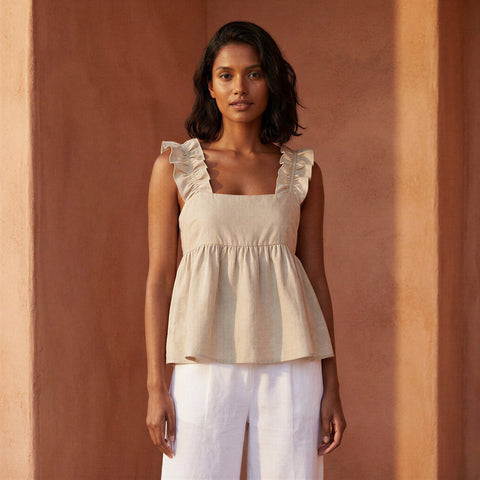 Cotton Flax Square Neck Peplum Top