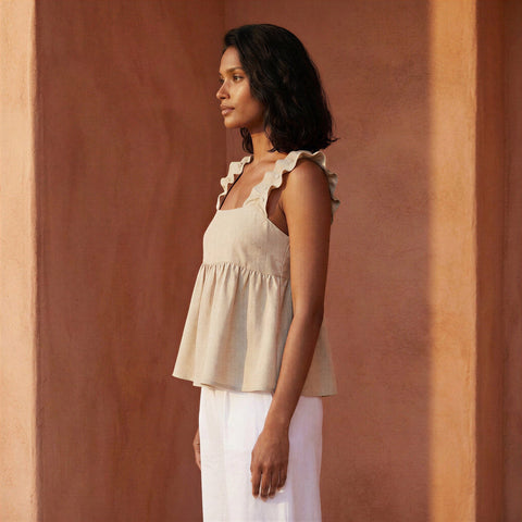 Cotton Flax Square Neck Peplum Top