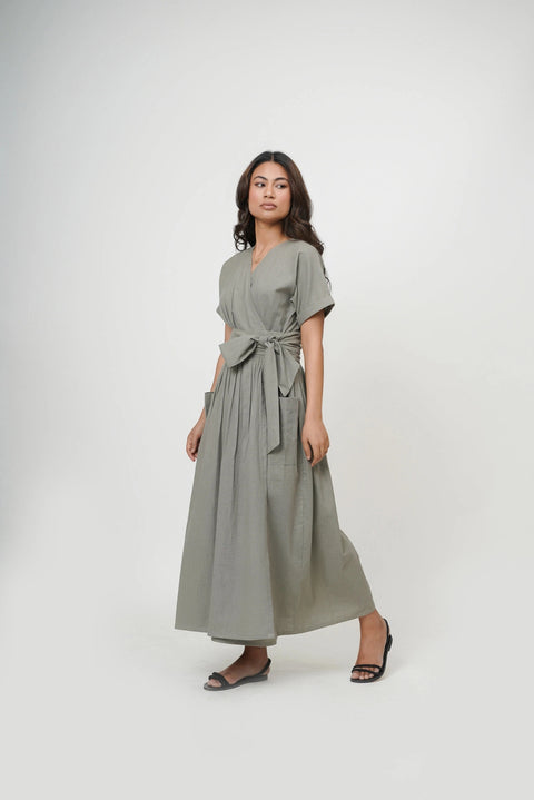 Organic Cotton V-Neck Kimono Wrap Dress with Tie-Up Belt