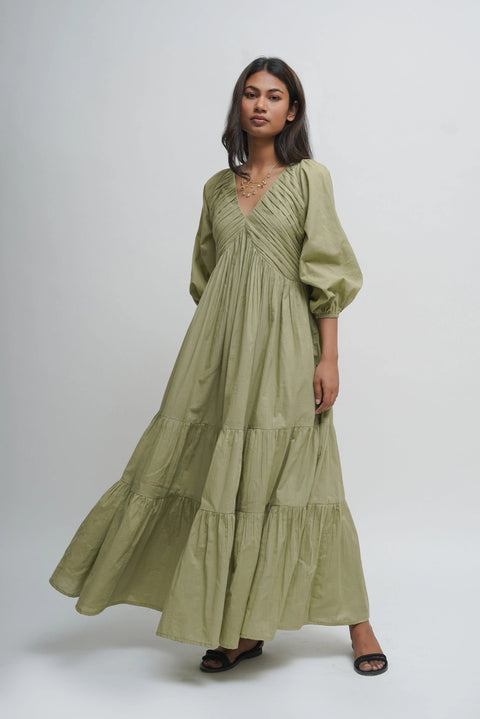Organic Cotton Pleated Maxi Dress with Pockets