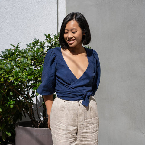 Linen Puff Sleeve Wrap Top