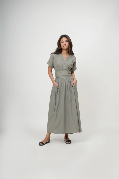 Organic Cotton V-Neck Kimono Wrap Dress with Tie-Up Belt