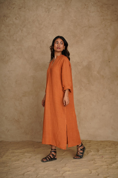 Linen Midi V-neck Dress, Long Sleeve with Side Slit