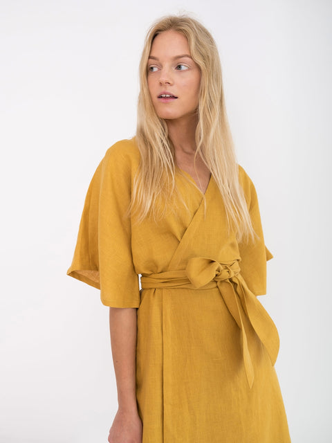 Linen Short Sleeve Wrap Midi Dress