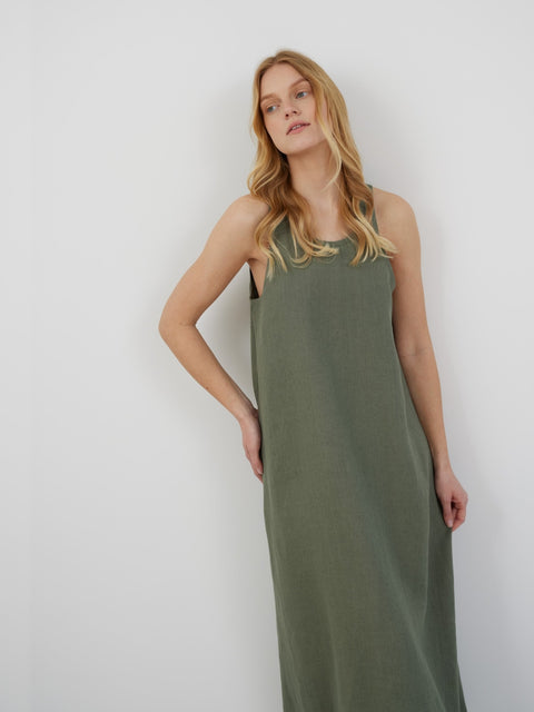 Linen Sleeveless Flared Maxi Dress