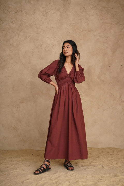 Organic Deep V-Neck Midi Dress with Pockets, Long Sleeve