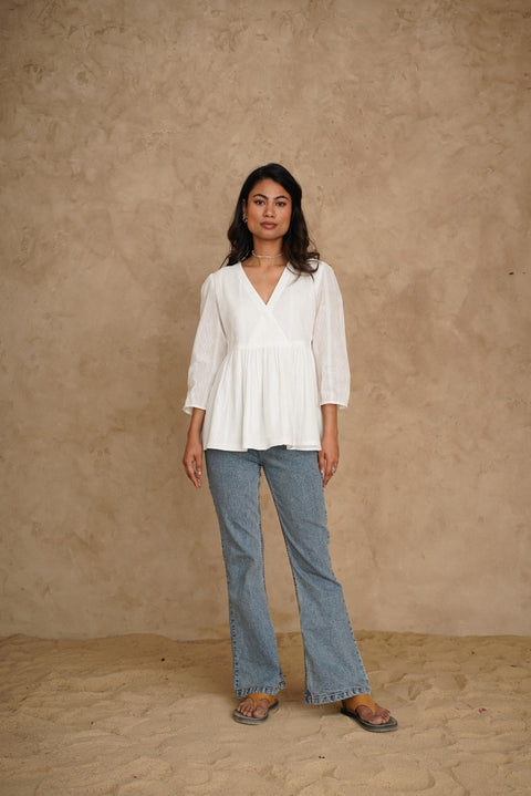 Organic Cotton Textured V-neck Long Sleeve Top: Womens