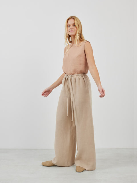 Linen Wide Leg Drawstring Trousers