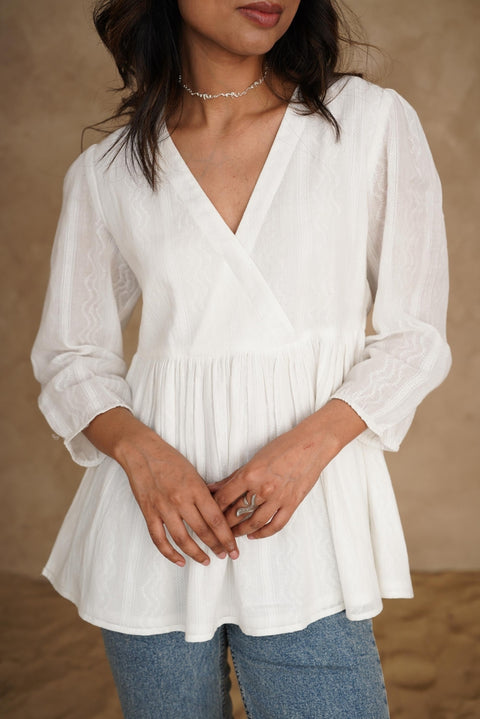 Organic Cotton Textured V-neck Long Sleeve Top: Womens