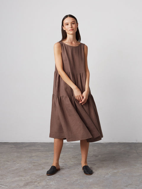 Linen Sleeveless Tiered Midi Dress