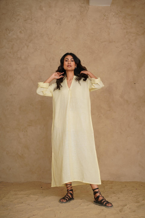 Linen Midi V-neck Dress, Long Sleeve with Side Slit