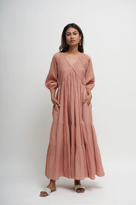 Organic Cotton Pleated Maxi Dress with Pockets
