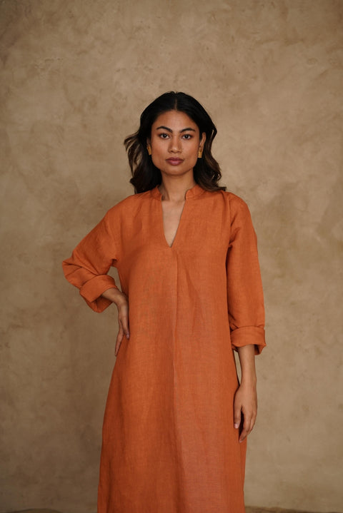 Linen Midi V-neck Dress, Long Sleeve with Side Slit