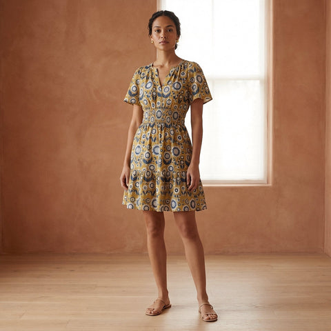 Cotton Floral Block Print Elasticated Short Tier Dress