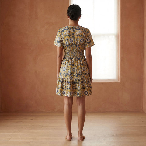 Cotton Floral Block Print Elasticated Short Tier Dress