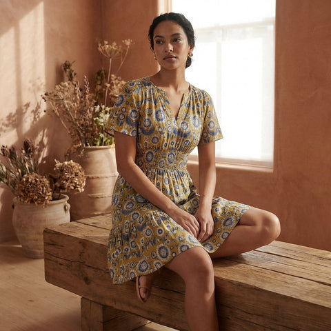 Cotton Floral Block Print Elasticated Short Tier Dress