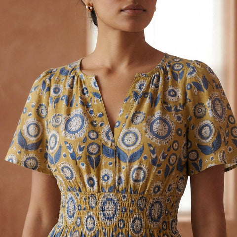 Cotton Floral Block Print Elasticated Short Tier Dress
