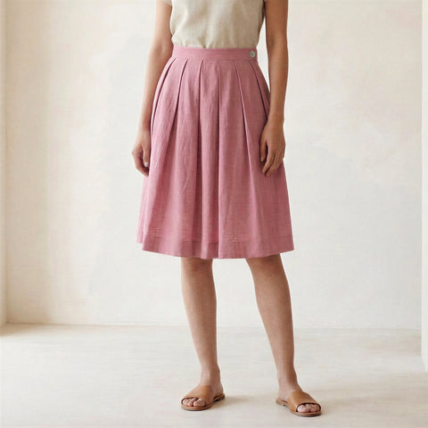 Cotton Flax Pleated Knee Length Skirt
