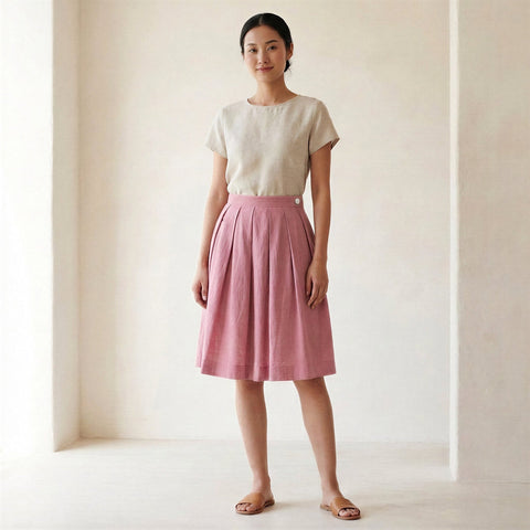 Cotton Flax Pleated Knee Length Skirt