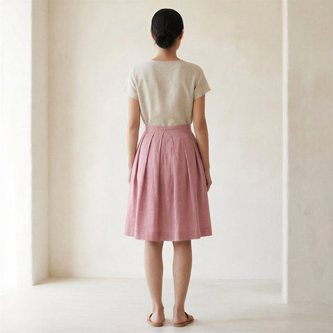 Cotton Flax Pleated Knee Length Skirt