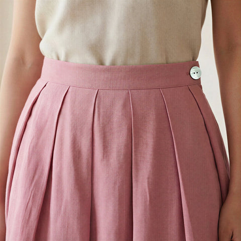 Cotton Flax Pleated Knee Length Skirt