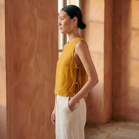 Cotton Flax Sleeveless Side-Tie Top