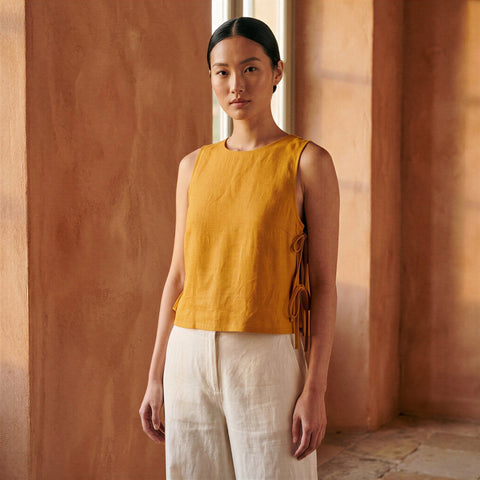 Cotton Flax Sleeveless Side-Tie Top