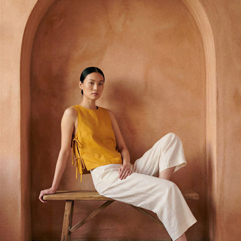 Cotton Flax Sleeveless Side-Tie Top